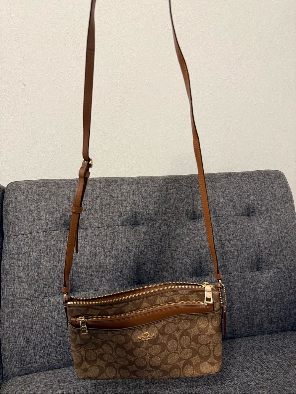 Coach Brown Signature Canvas Crossbody with Leather Trim